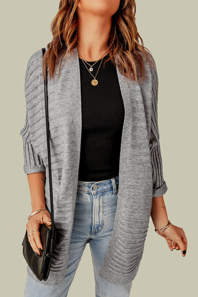 Chic Gray Ribbed Open Front Cardigan for Women - Cozy Knit Layering Essential for Stylish Fall Looks