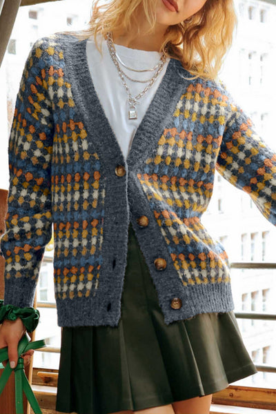 Cozy Women's Gray Dotty Knit Cardigan Sweater with Button Front & V-Neck - Stylish Layering Essential for Every Season