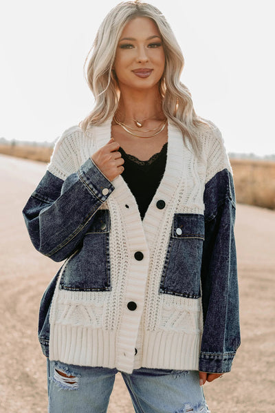 Cozy Oversized Beige Women's Chunky Knit Cardigan with Denim Patchwork for Chic Fall Fashion