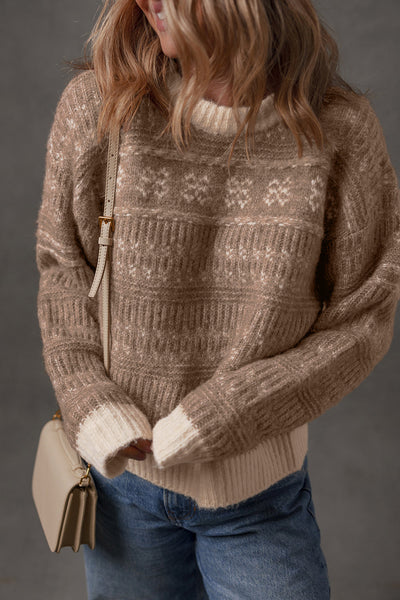 Stylish Women's Dark Brown Geometric Knit Sweater with Contrast Colors and Drop Sleeves Ideal for Casual Layering
