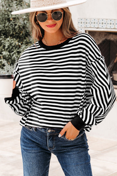 Chic Women's Black Stripe Drop Shoulder Pullover Top with Exposed Seams for Effortless Casual Style