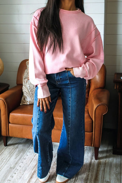 Women's Pink Ribbed Drop Shoulder Top with Exposed Seams