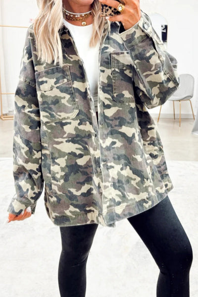 Stylish Women's Green Camo Loose Fit Jean Jacket with Chest Pockets for Effortless Casual Comfort made for easy styling and wardrobe coordination,