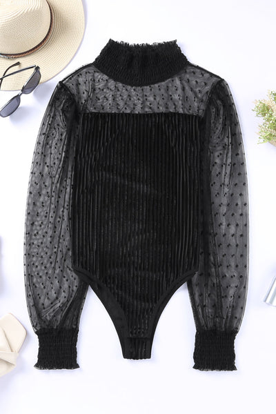Chic Women's Black Sheer Velvet Bodysuit with Dot Texture and Long Sleeves for Stylish Evening Outfits