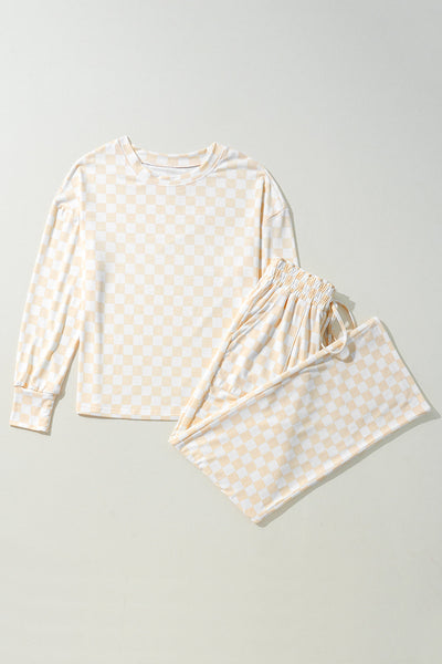 Stylish Beige Checkered Lounge Set for Women - Cozy Long Sleeve Top & Relaxed Fit Pants for Ultimate Comfort