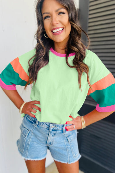 Women's Oversized Lime Green Colorblock Top with Contrast Stitch
