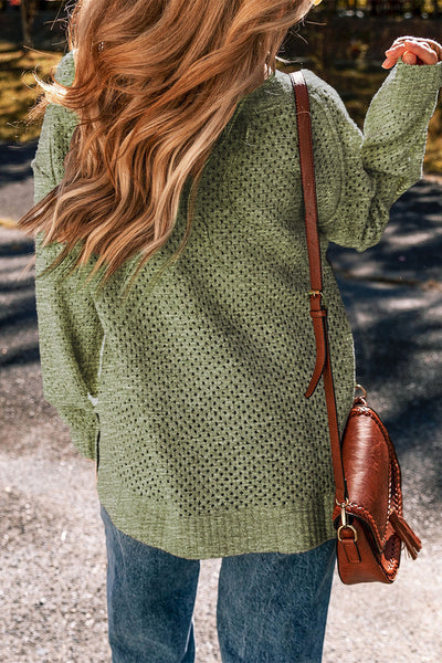 Women's Cozy Jungle Green Loose Eyelet V-Neck Sweater - Stylish Drop Shoulder Knitwear for Effortless Casual Chic