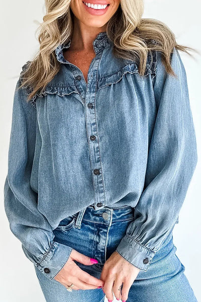 Dusk Blue Women's Chambray Shirt with Frilled Details & Button-Down Design - Stylish, Comfortable Fit for Everyday Wear