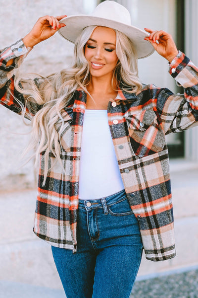 Women's Stylish Khaki Geometric Plaid Shacket with Pockets - Perfect Layering Piece for Fall & Winter Fashion