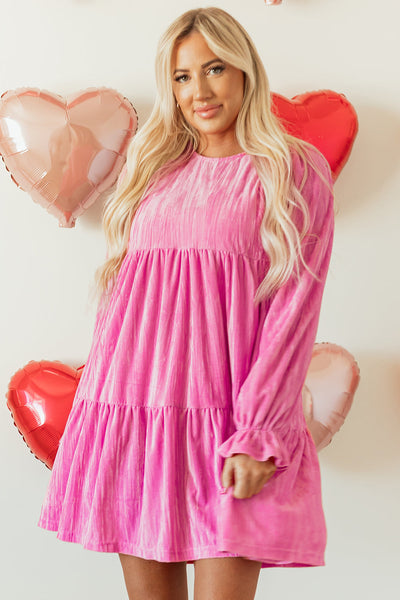 Women's Strawberry Pink Velvet Tiered Mini Dress with Bishop Sleeves