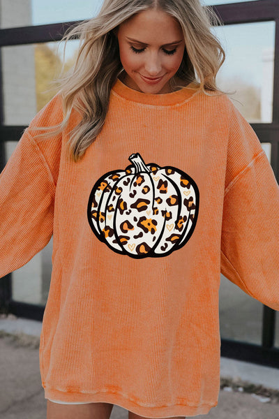 Women's Orange Corded Leopard Pumpkin Sweatshirt for Fall