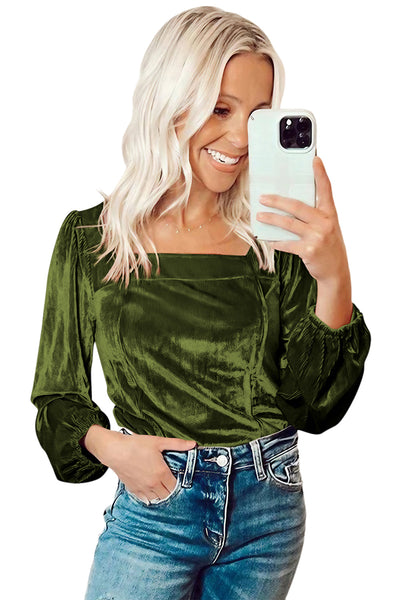 Chic Women's Fern Green Velvet Ribbed Top with Puff Sleeves and Slim Fit for Effortless Everyday Style