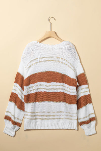 White Oversized Striped Knit Sweater with Puff Sleeves
