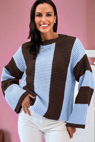 Women's Vertical Stripe Thermal Knit Drop Shoulder Sweater