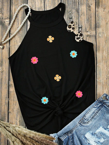 Floral Embroidered Black Tank Top with Sweet Details