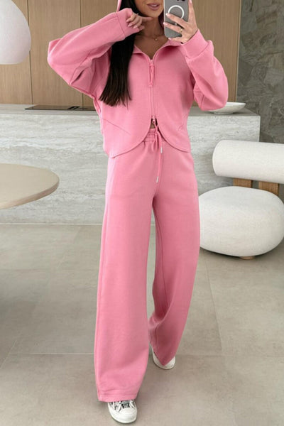 Cozy Women's Pink Zip-Up Hoodie and Loose Pants Set Casual Loungewear for Relaxed, Comfortable Days