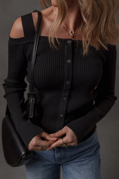 Chic Black Ribbed Knit Cold Shoulder Sweater with Button Front for Trendy Women‚Äôs Fashion