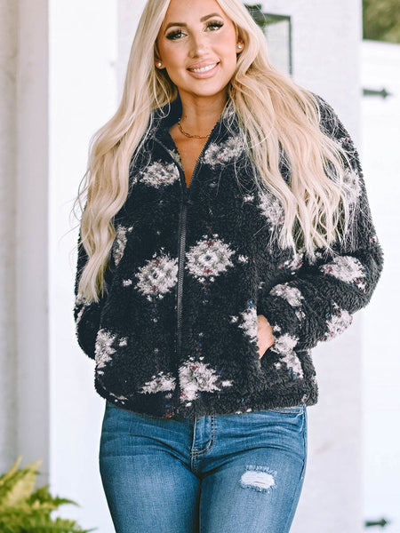 Western Black Aztec Sherpa Jacket with Zipper Collar