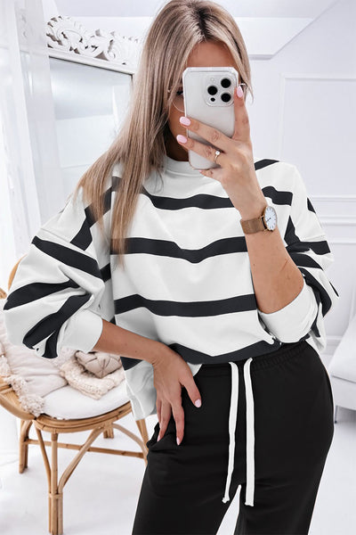 Chic Black Stripe Drop Shoulder Pullover & Jogger Pants Set for Women  Stylish Athleisure Comfort for Casual Outings