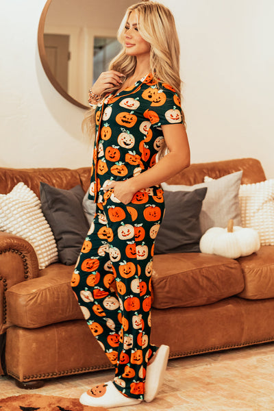 Women's Comfy Orange Halloween Print Short Sleeve Pajama Set - Stylish Sleepwear for Festive Nights and Cozy Relaxation