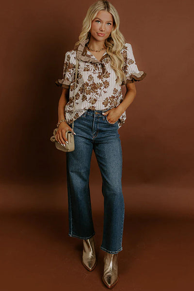 Women's Brown Floral and Striped Frill Blouse with Color Block Trim with practical styling and dependable silhouette control.