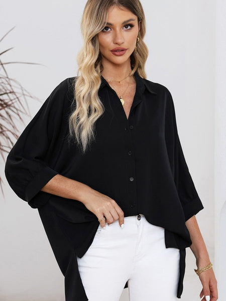 Satin Commute Solid Color V Neck Long Sleeved Blouse