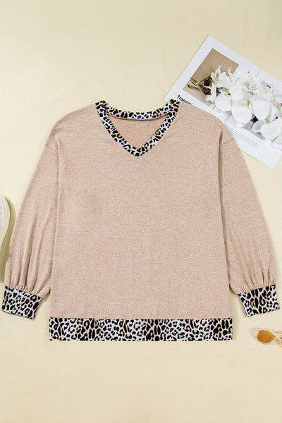 Women's Plus Size Leopard Trim V-Neck Tunic Top in Taupe