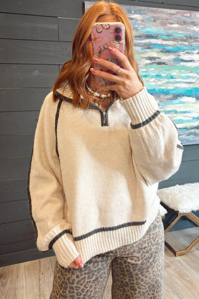 Cozy Women's White Quarter Zip Baggy Sweater with Contrast Trim & Ribbed Details for Stylish Winter Outfits