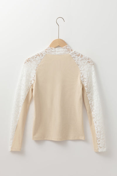 Elegant Women's Beige Floral Lace Long Sleeve High Neck Top - Slim Fit Design for Chic, Stylish Outfits