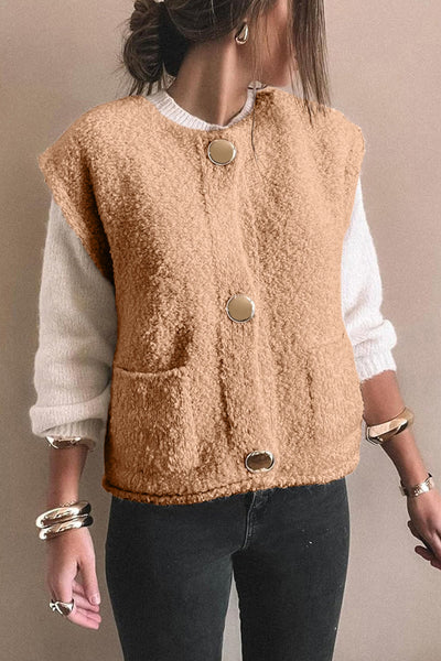 Women's Light French Beige Textured Vest with Metallic Accents