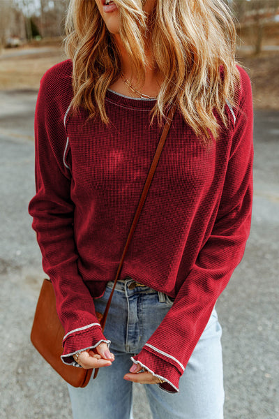 Women's Fiery Red Textured Long Sleeve Blouse - Casual Round Neck Top for Effortless Everyday Chic