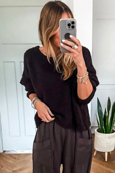 Chic Women's Black Fuzzy Knit Sweater with Round Neck & Drop Shoulders for Effortless Relaxed Style