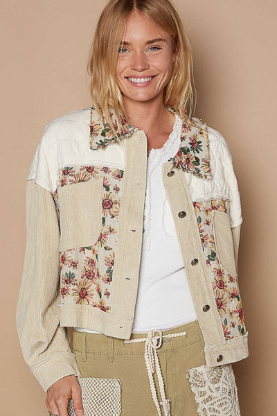 Floral Corduroy Quilted Button Down Jacket