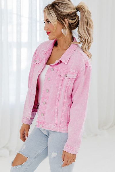 Women's Pink Acid Wash Button Flap Pocket Denim Jacket