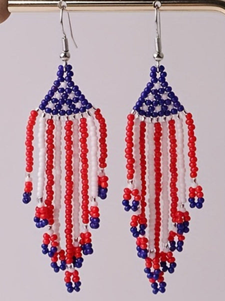 Red Beaded Fringed American Flag Hook Earrings