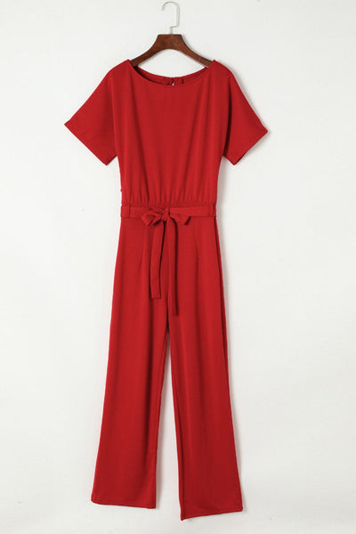Women's Five-Point Sleeve Belted Wide-Leg Crepe Jumpsuit