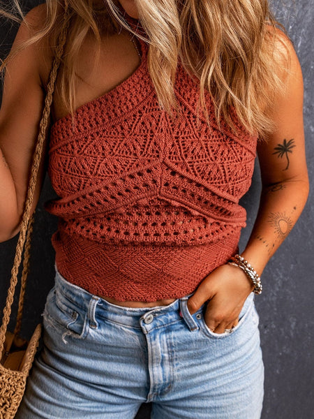 Fiery Red Crochet Halter Neck Open Back Tank Top