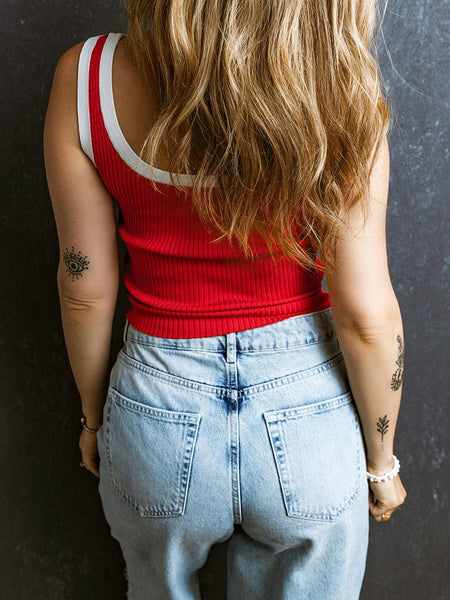 Fiery Red Ribbed Knit Tank Top with Colorblock Detail