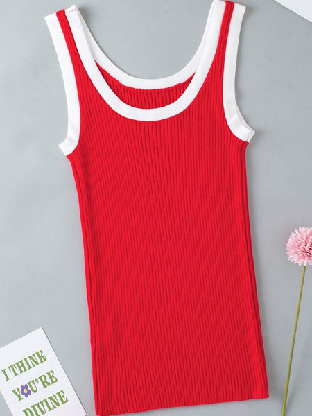 Fiery Red Ribbed Knit Tank Top with Colorblock Detail