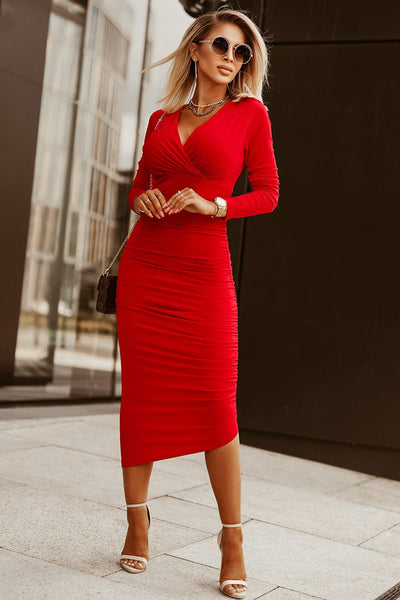 Women's Ruched V-Neck Long Sleeve Slim Maxi Dress