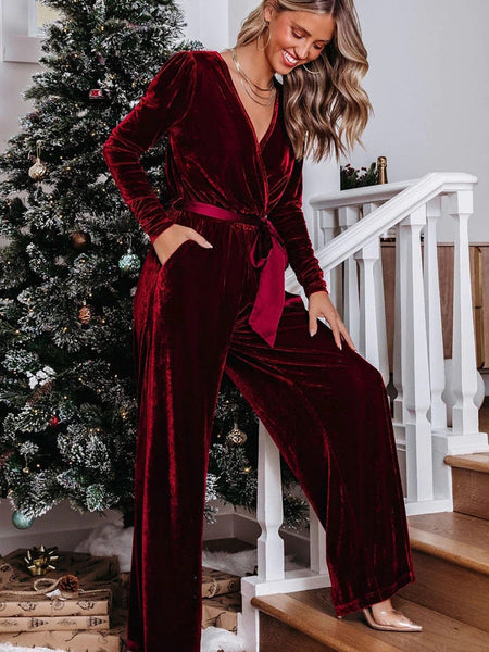 Women's Velvet Wide-Leg Open Back Jumpsuit in Burgundy