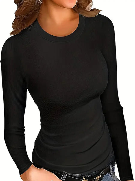 Women's Fitted Crew Neck Top with Long Sleeves and Ribbed Texture