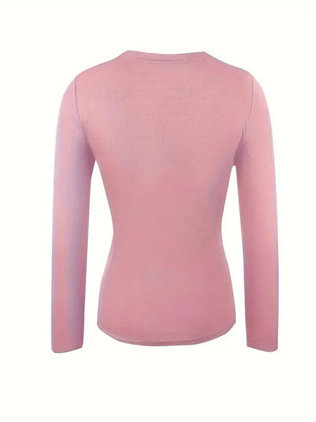 Women's Fitted Crew Neck Top with Long Sleeves and Ribbed Texture