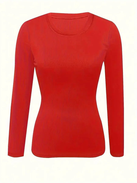 Women's Fitted Crew Neck Top with Long Sleeves and Ribbed Texture