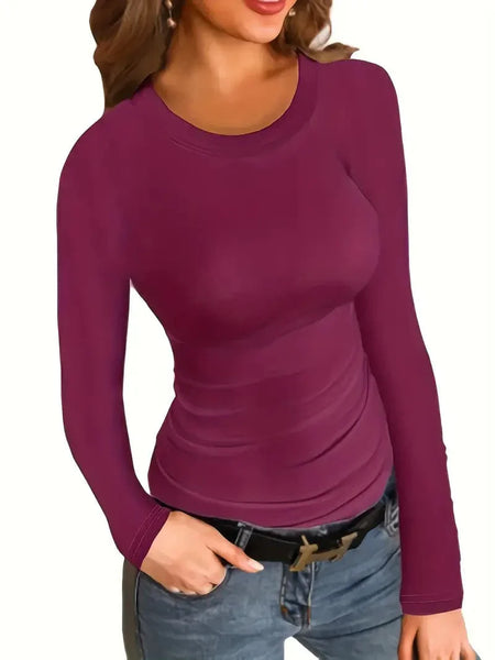 Women's Fitted Crew Neck Top with Long Sleeves and Ribbed Texture