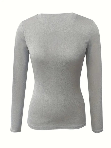 Women's Fitted Crew Neck Top with Long Sleeves and Ribbed Texture