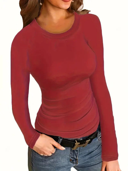 Women's Fitted Crew Neck Top with Long Sleeves and Ribbed Texture