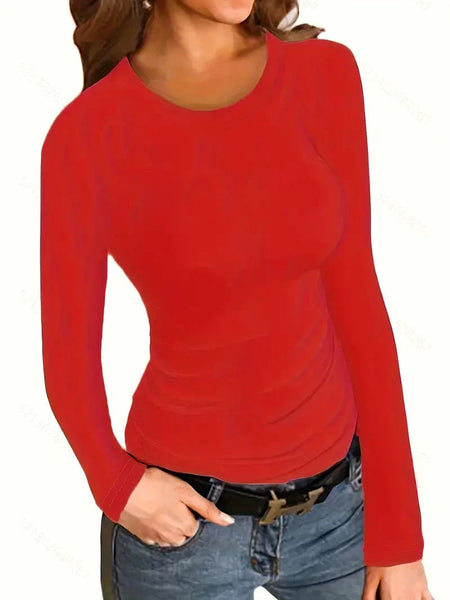 Women's Fitted Crew Neck Top with Long Sleeves and Ribbed Texture