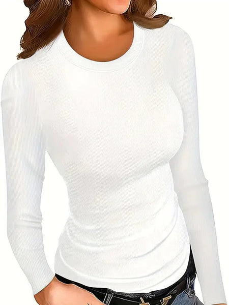 Women's Fitted Crew Neck Top with Long Sleeves and Ribbed Texture