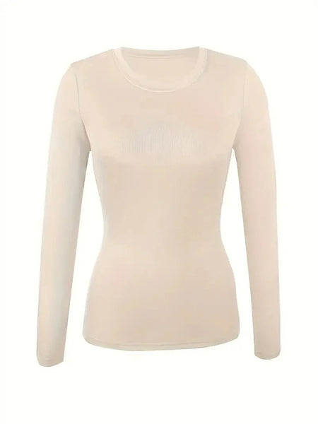 Women's Fitted Crew Neck Top with Long Sleeves and Ribbed Texture